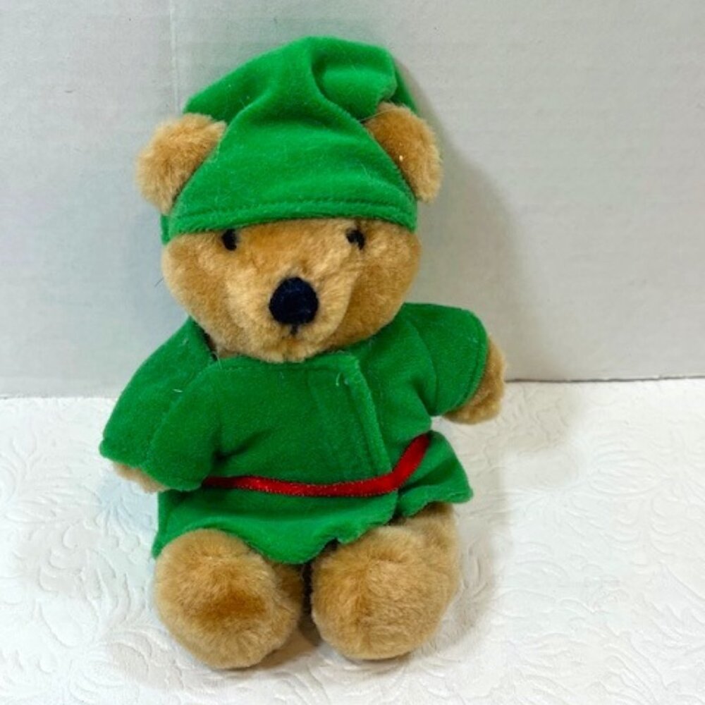 VTG Dakin '88 Mini Elf Bear Sitting Green Outfit Christmas Stuffed Plush Toy 5"